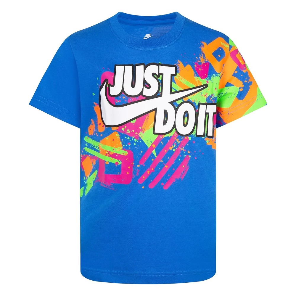 Nike‎ Boys T-Shirt Blue 4 Graffiti-style Neon Paint Geen Orange Splatter Design